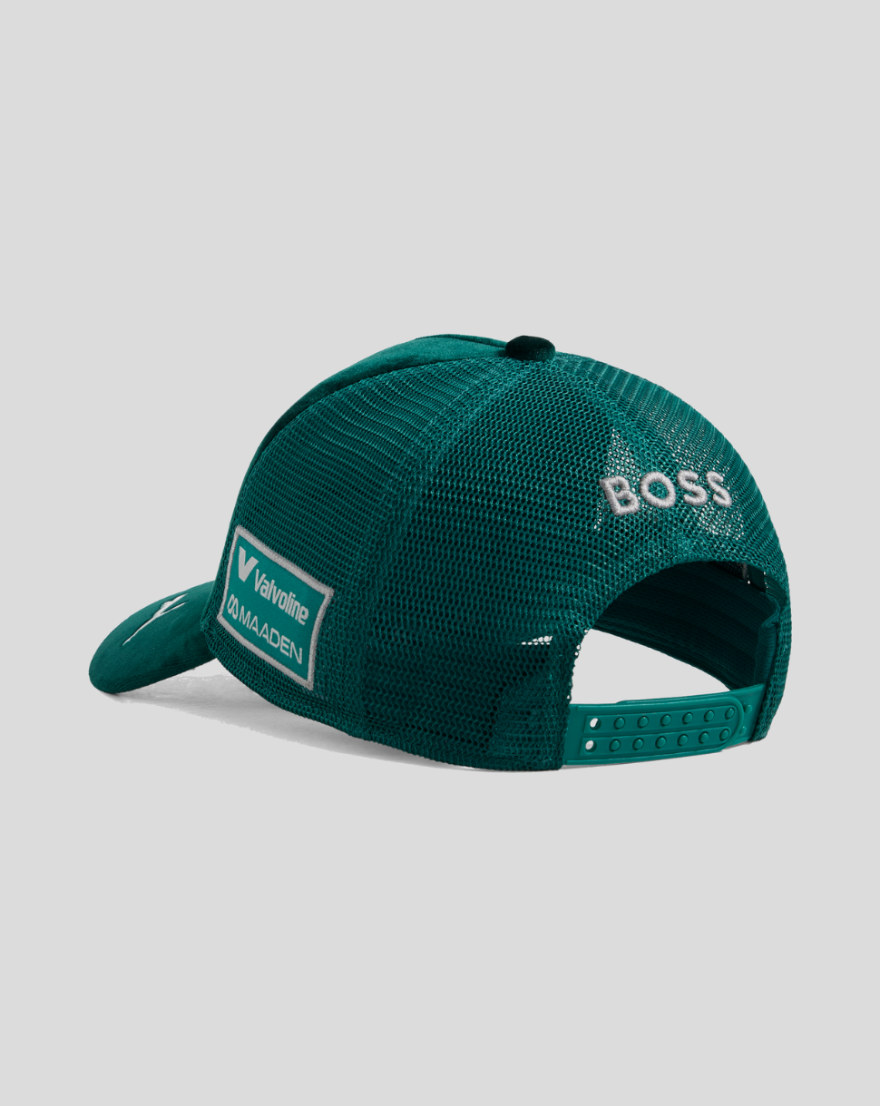 Teal green mesh back cap with BOSS embroidery and a Valvoline patch; adjustable snap closure.