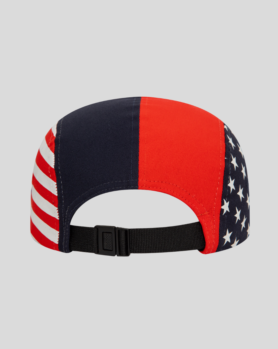 Rear view of a patriotic flag colorblock cap with red navy and white panels and an adjustable strap