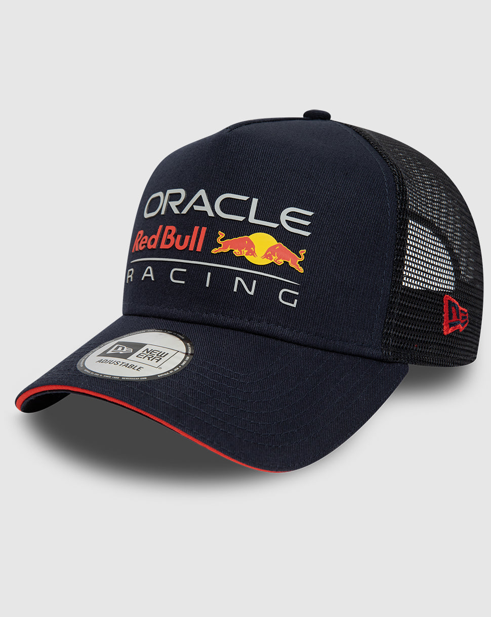Navy Oracle Red Bull Racing trucker cap with curved brim and mesh back