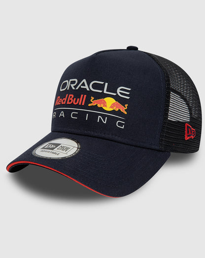 Navy Oracle Red Bull Racing trucker cap with curved brim and mesh back