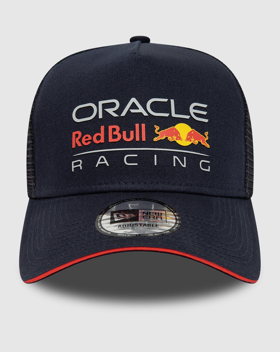 Navy Oracle Red Bull Racing essential trucker cap with front emblem and red trim along the brim