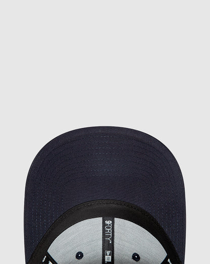 Navy Oracle Red Bull Racing essential trucker cap by New Era, close up of brim and front panel.