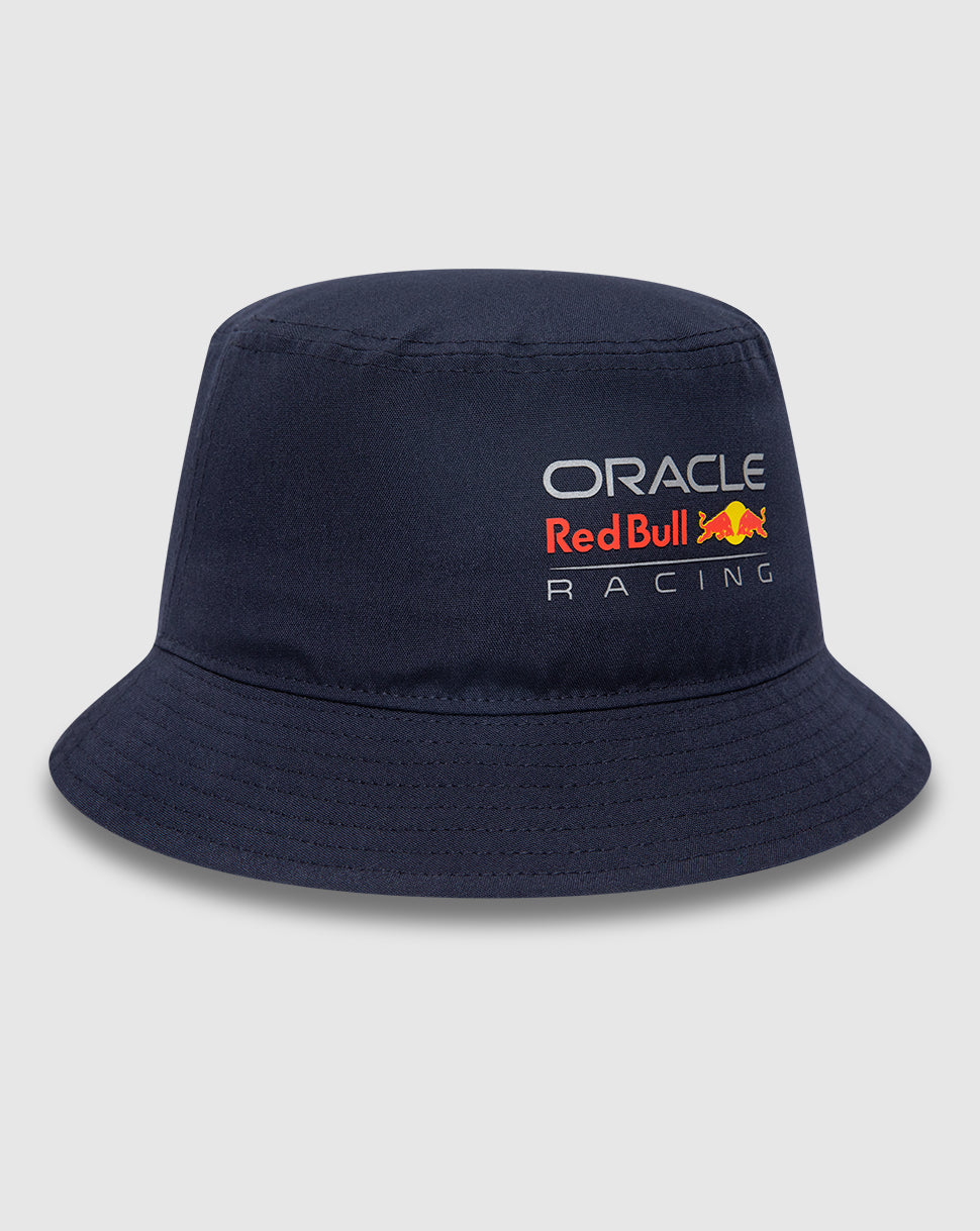 Navy bucket hat with unstructured crown featuring Oracle Red Bull Racing logo on front and New Era flag on left