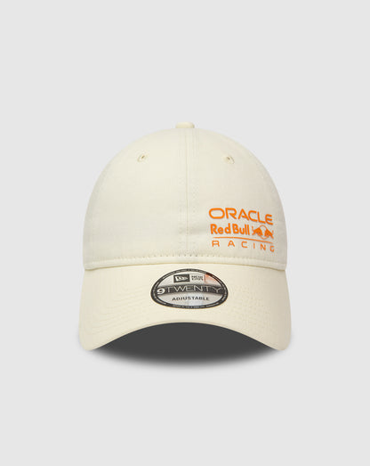 Front view of cream Red Bull Racing 9Twenty cap with orange Oracle Red Bull Racing logo and New Era flag