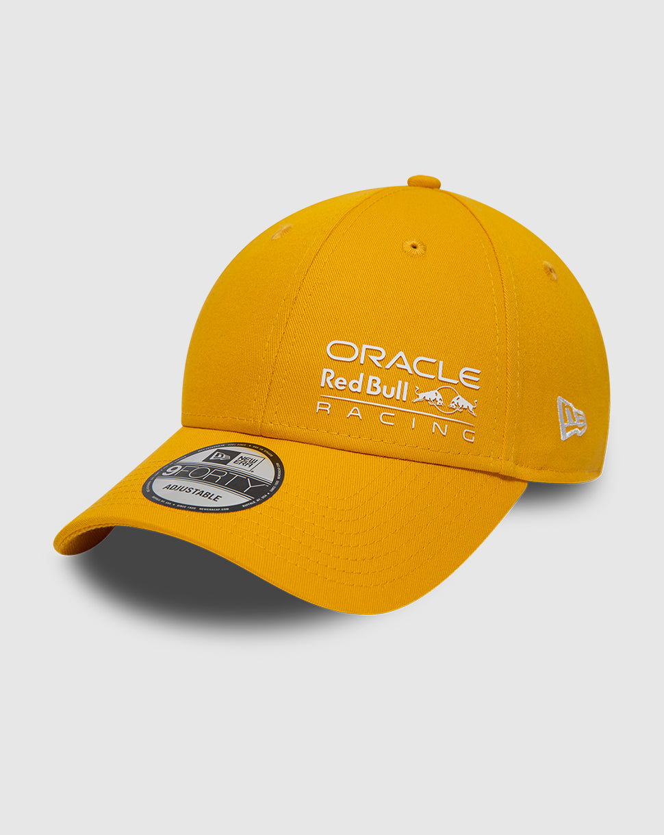 Bright yellow Red Bull Racing 9FORTY cap with Oracle logo on front and New Era flag on left, curved visor and strapback