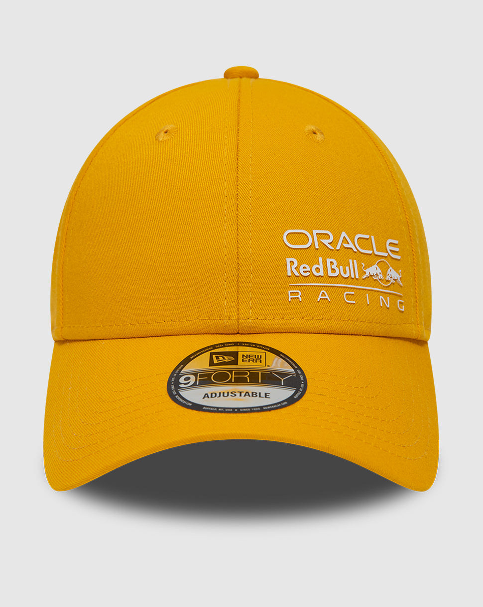 Bright yellow Red Bull Racing 9FORTY cap with Oracle logo on front and New Era flag on left, curved visor and strapback
