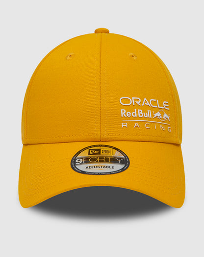 Bright yellow Red Bull Racing 9FORTY cap with Oracle logo on front and New Era flag on left, curved visor and strapback