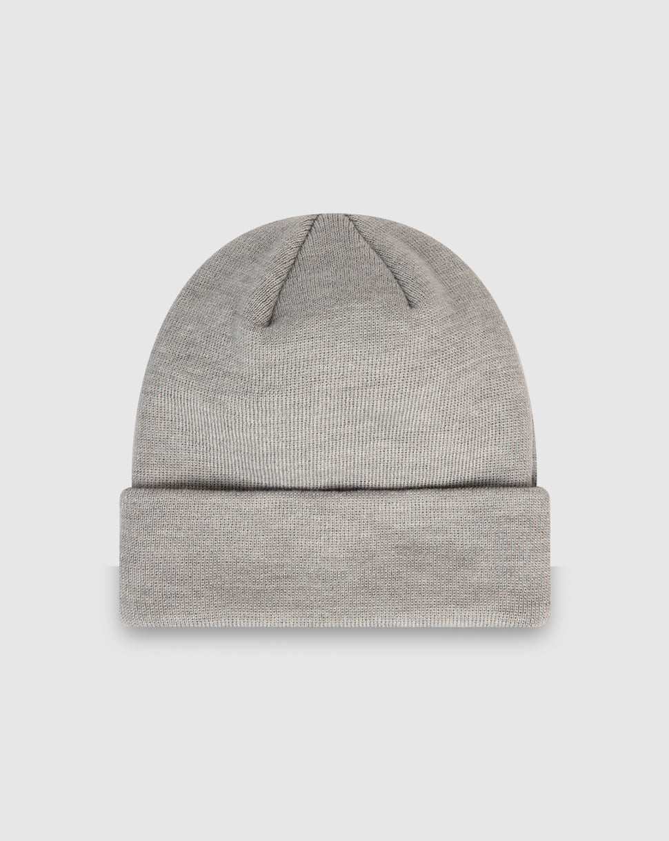 Light grey knit beanie with turned up cuff and New Era flag on the side