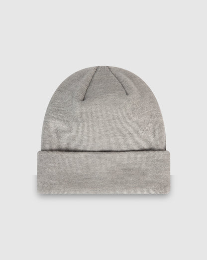 Light grey knit beanie with turned up cuff and New Era flag on the side