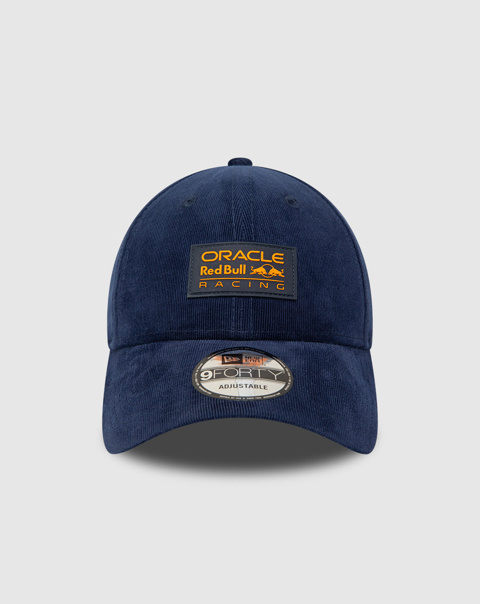 Front view of navy Red Bull Racing 9FORTY cap with orange Oracle patch and curved visor