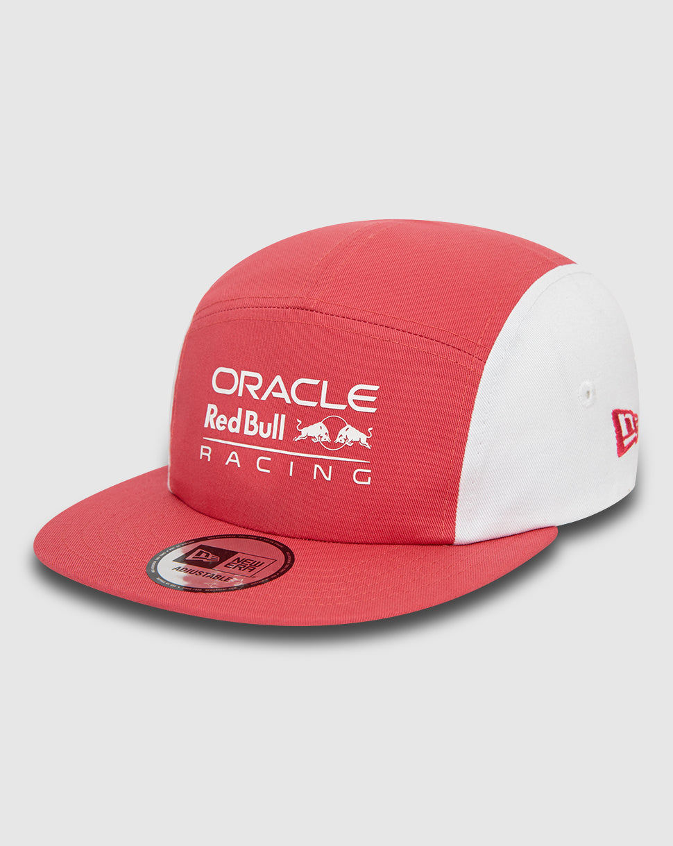 Pink crown and white side panel Oracle Red Bull Racing camper cap with front logo