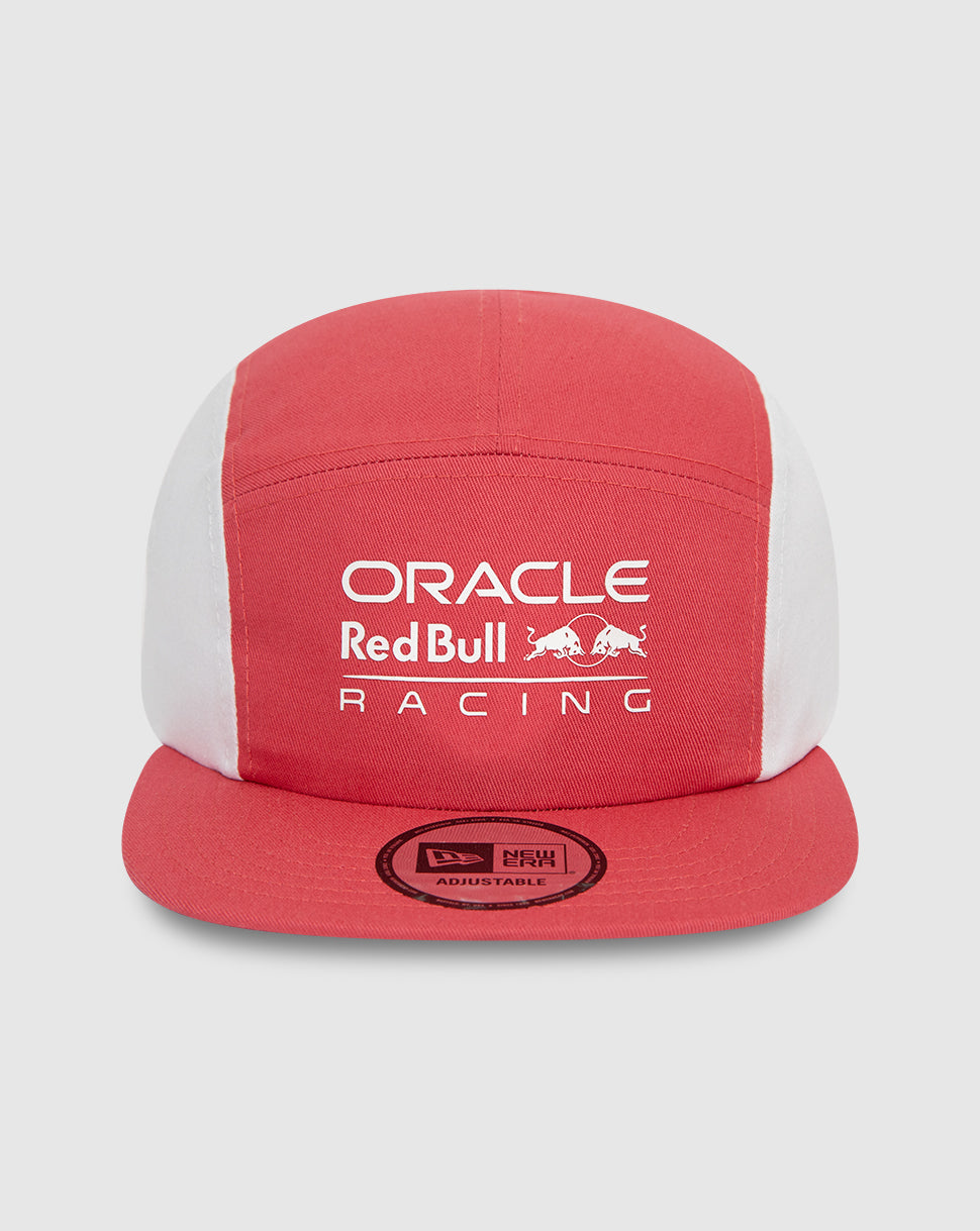 Front view of Oracle Red Bull Racing Camper cap with red crown white side panels New Era flag on left and logo on front