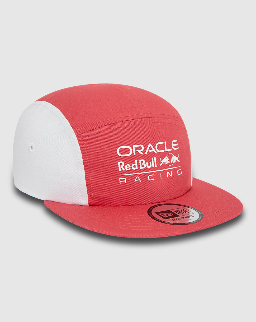 Angled back view of Oracle Red Bull Racing Camper cap with red crown white panels and strapback