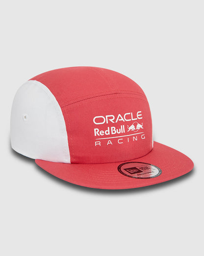 Angled back view of Oracle Red Bull Racing Camper cap with red crown white panels and strapback