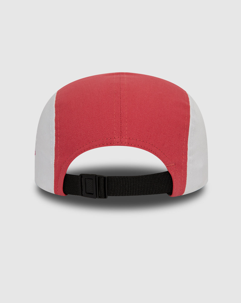 Rear view of red Oracle Red Bull Racing Camper cap with white side panels and black adjustable strap