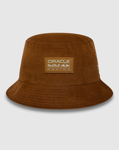 Brown cord bucket hat from Oracle Red Bull Racing x New Era with front patch and New Era flag on the left