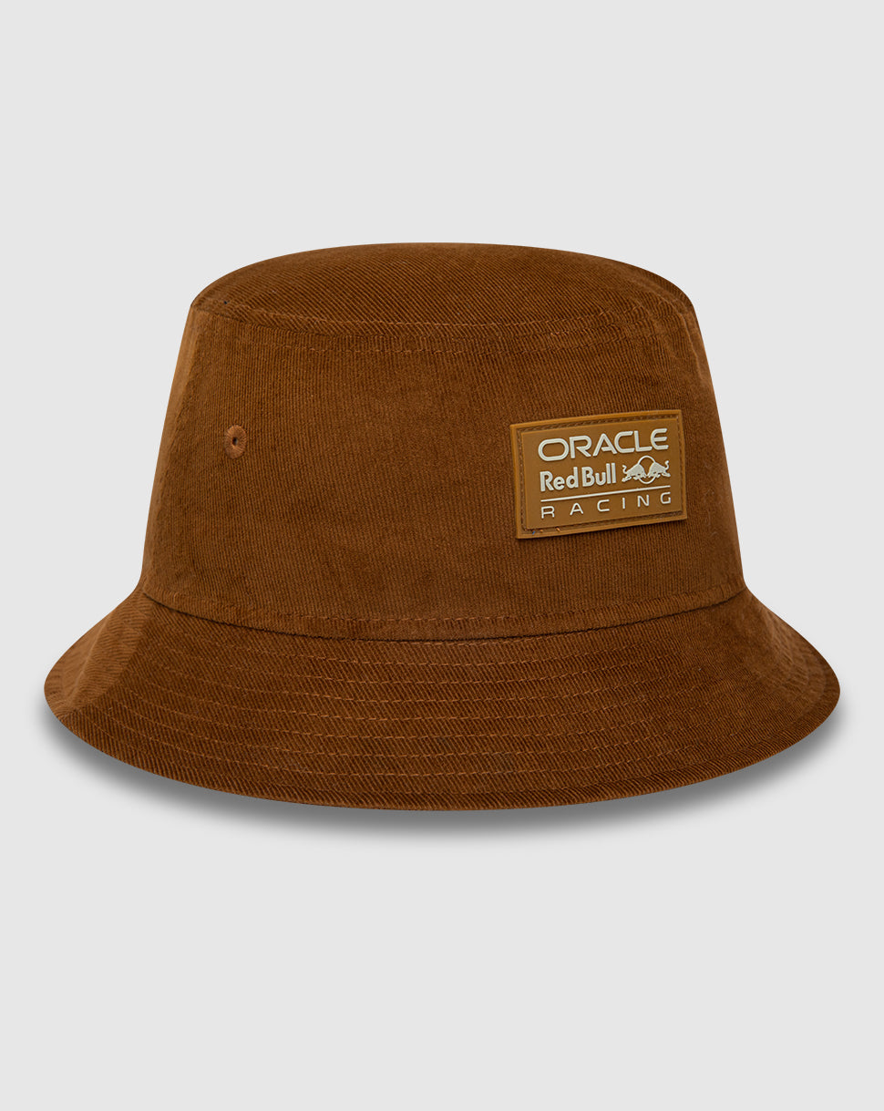 Brown cord bucket hat angled view from the Oracle Red Bull Racing x New Era collection with front patch