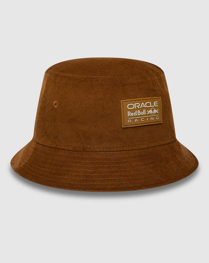 Brown cord bucket hat angled view from the Oracle Red Bull Racing x New Era collection with front patch