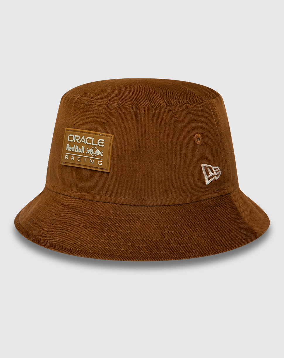 Brown cord bucket hat with Oracle Red Bull Racing logo on the front and New Era flag on the left