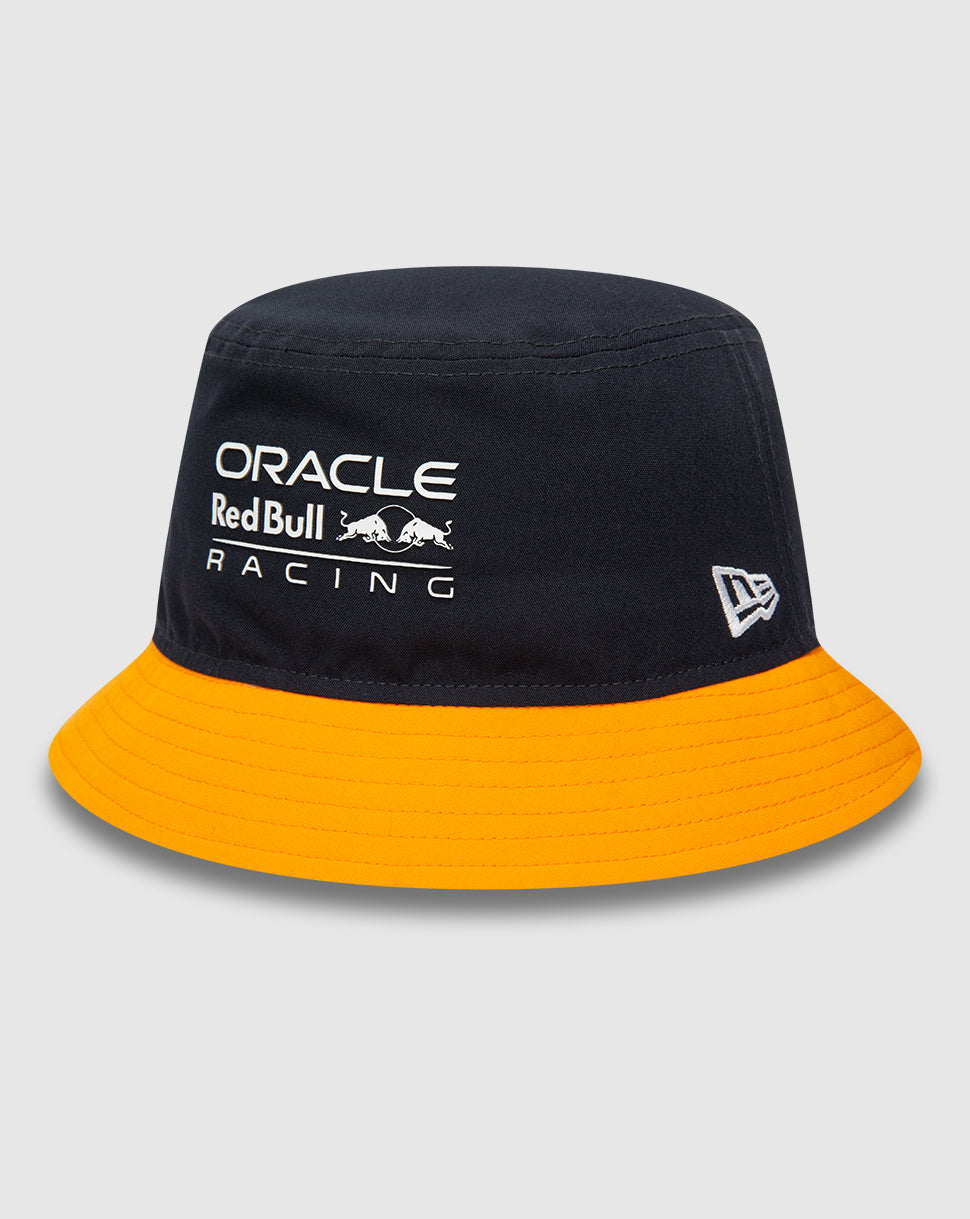 Navy Red Bull Racing Repreve bucket hat with all around orange visor and front logo