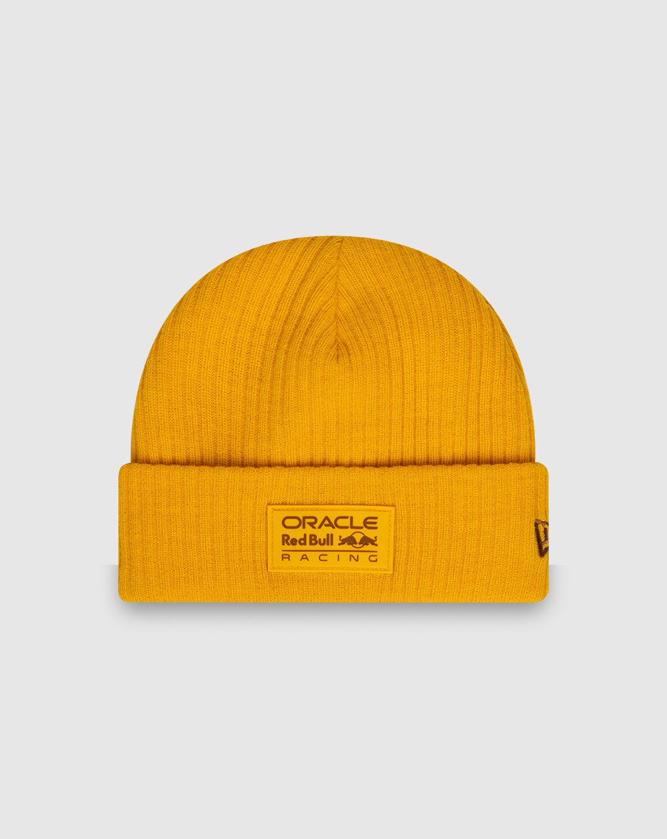 Bright yellow knit beanie with folded cuff and Oracle Red Bull Racing logo patch on the front