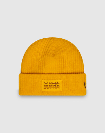 Bright yellow knit beanie with folded cuff and Oracle Red Bull Racing logo patch on the front