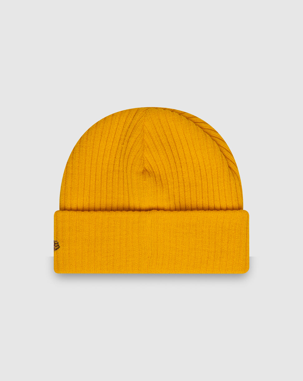 Yellow knit beanie with folded cuff and Oracle Red Bull Racing logo on front with New Era flag on the left