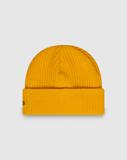 Yellow knit beanie with folded cuff and Oracle Red Bull Racing logo on front with New Era flag on the left