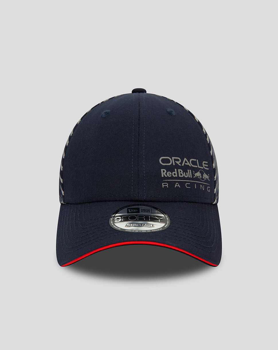 Navy cap with Oracle Red Bull Racing Las Vegas branding on the front and diagonal stripe pattern on the side panels and a red edged brim.