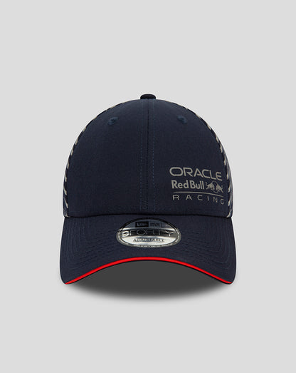 Navy cap with Oracle Red Bull Racing Las Vegas branding on the front and diagonal stripe pattern on the side panels and a red edged brim.