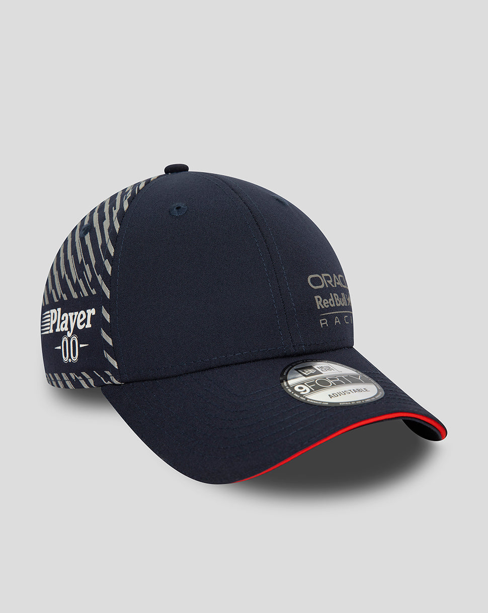 Navy New Era 9Forty cap with diagonal striped side panel and Oracle Red Bull Racing Las Vegas branding on the front