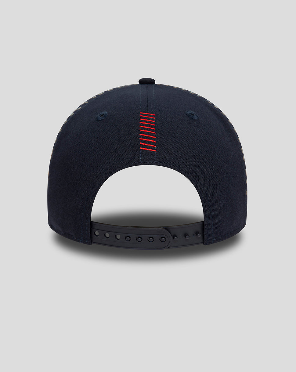 Back view of navy Oracle Red Bull Racing Las Vegas 9Forty cap showing red center stitching and adjustable strap