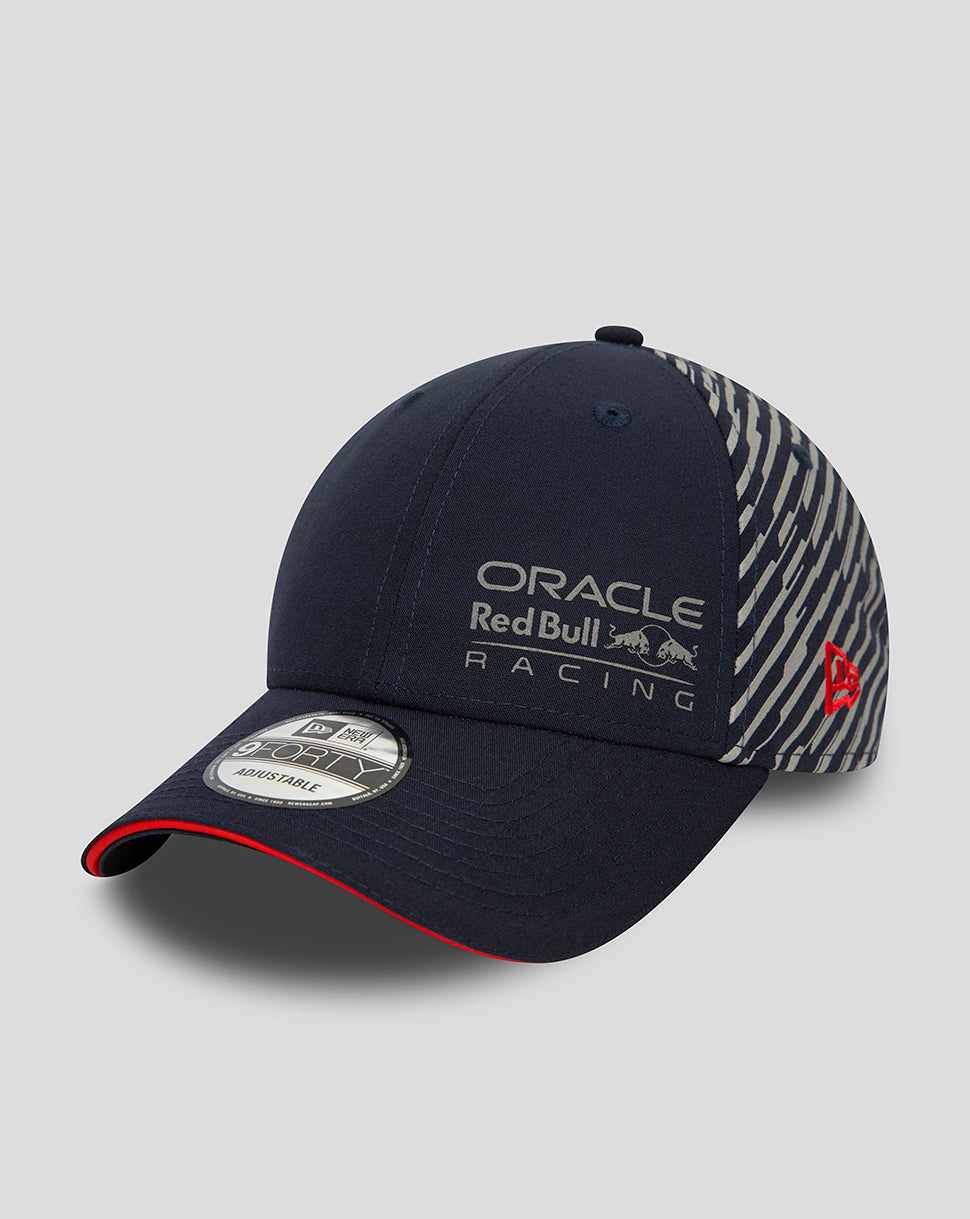 Navy Oracle Red Bull Racing Las Vegas 9Forty cap with front logo and zebra stripe side panel plus red New Era emblem