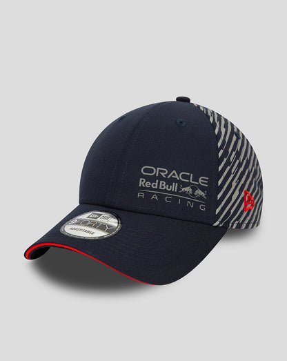 Navy Oracle Red Bull Racing Las Vegas 9Forty cap with front logo and zebra stripe side panel plus red New Era emblem