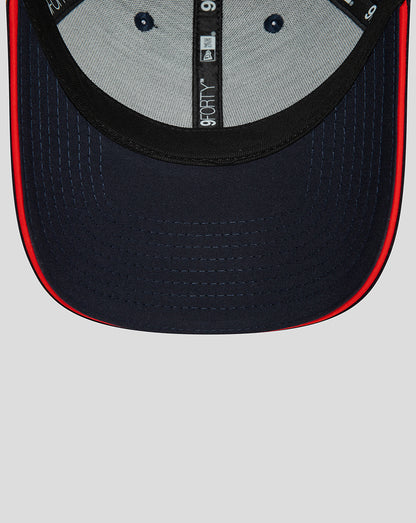Close up of navy Oracle Red Bull Racing 9FORTY cap brim with red edge and stitched panels