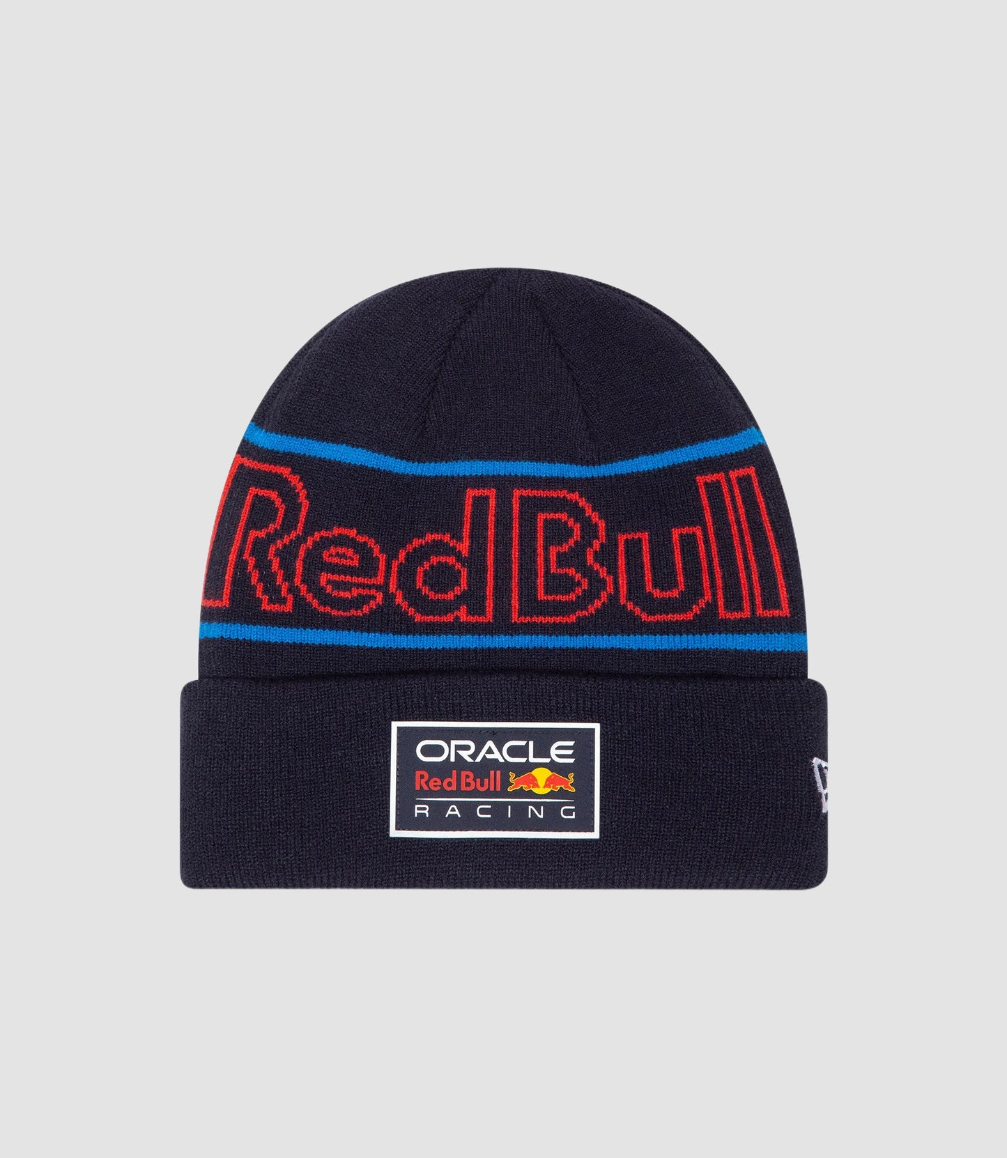 Dark navy cuff beanie with blue and red stripes and the Oracle Red Bull Racing emblem on the front