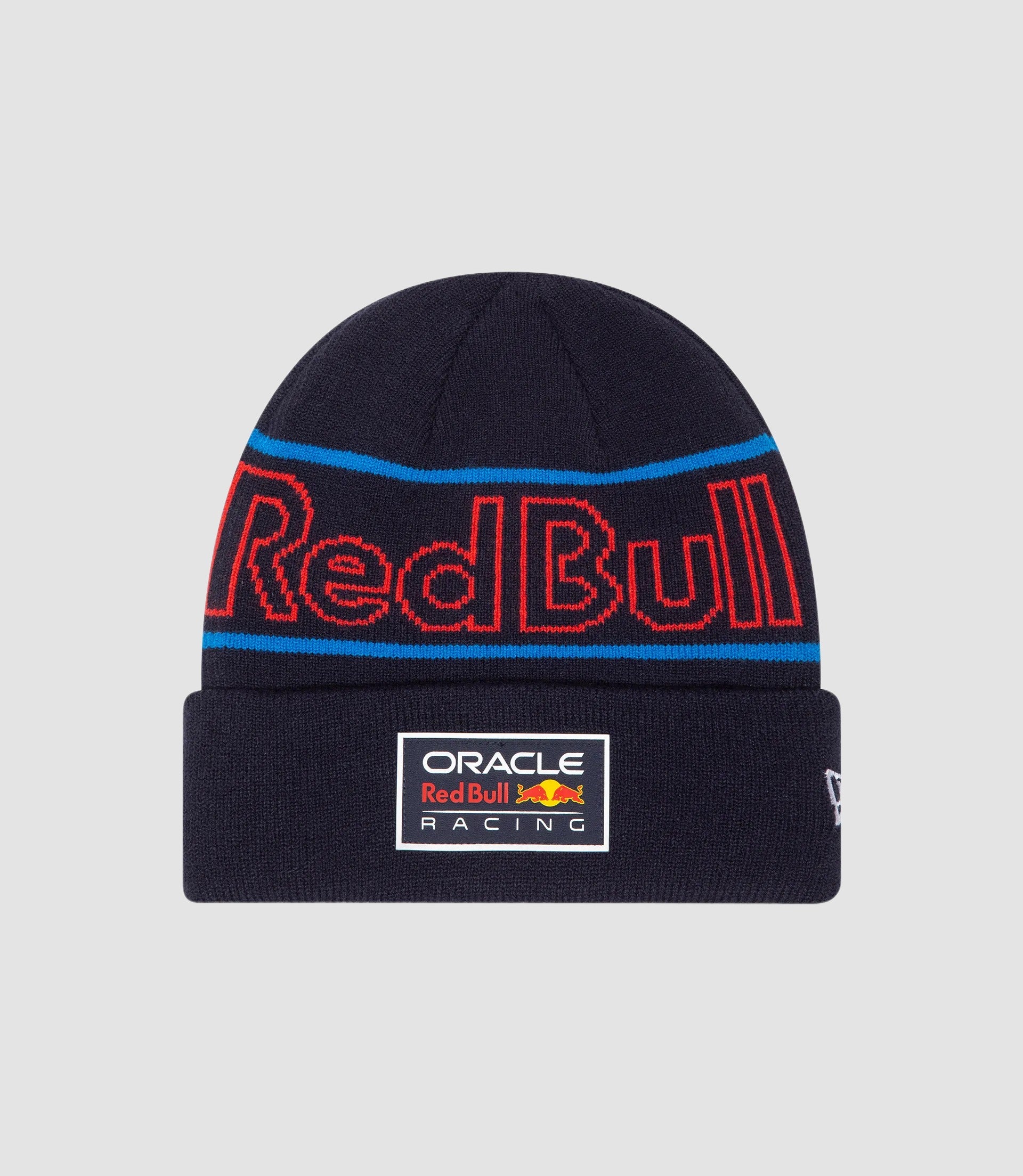Dark navy cuff beanie with blue and red stripes and the Oracle Red Bull Racing emblem on the front