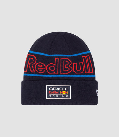 Dark navy cuff beanie with blue and red stripes and the Oracle Red Bull Racing emblem on the front