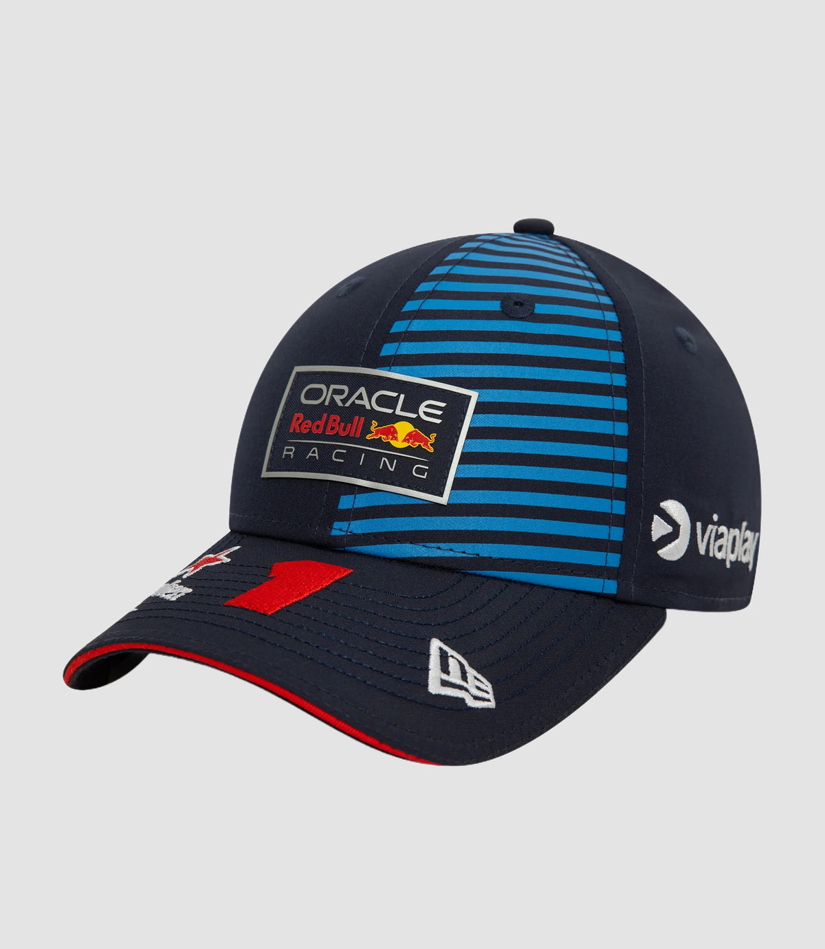 Close up of navy Oracle Red Bull Racing 9Forty cap with blue striped crown and a red number 1 on the brim