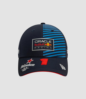 Kids navy and blue striped 9Forty cap with Red Bull Racing badge on the front and sponsor logos on the brim