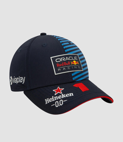 Angled view of the brim featuring Heineken 0.0 branding along with the blue striped crown and Oracle patch