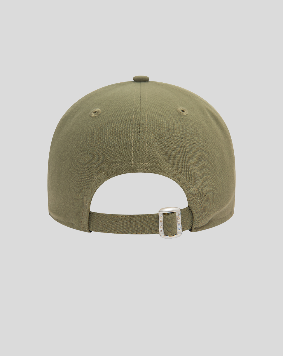 Rear view of olive Repreve Wordmark 9Forty cap with a metal buckle adjuster and six panel construction.