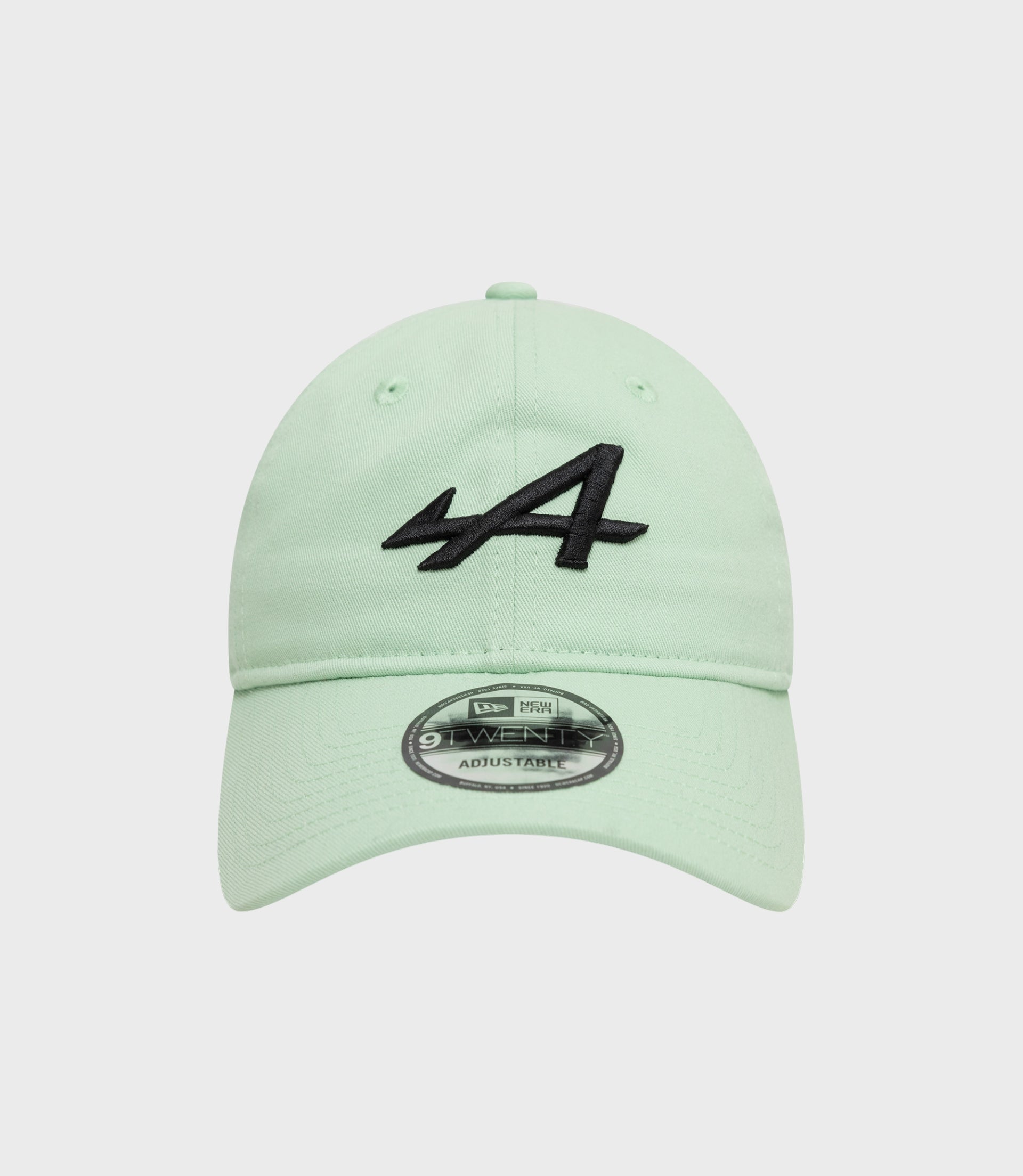 Mint green Alpine 9Twenty cap viewed from the front with crown panels and top button.