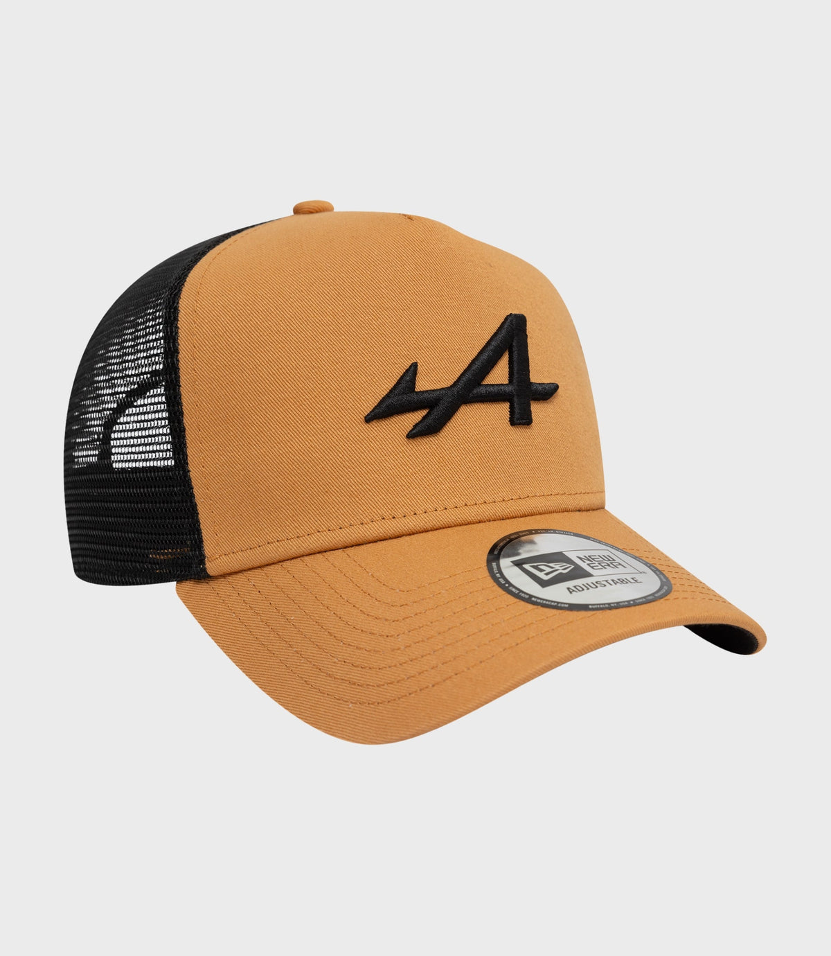 Beige Alpine E-Fame trucker cap with black mesh back and orange top button
