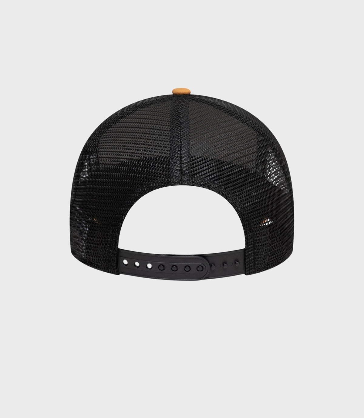 Back view of beige and black mesh trucker cap with adjustable snap-back strap