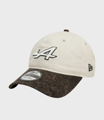 Front view of white Alpine Acid Wash 9Twenty cap with LA embroidery on the crown and brown denim brim with a sticker.