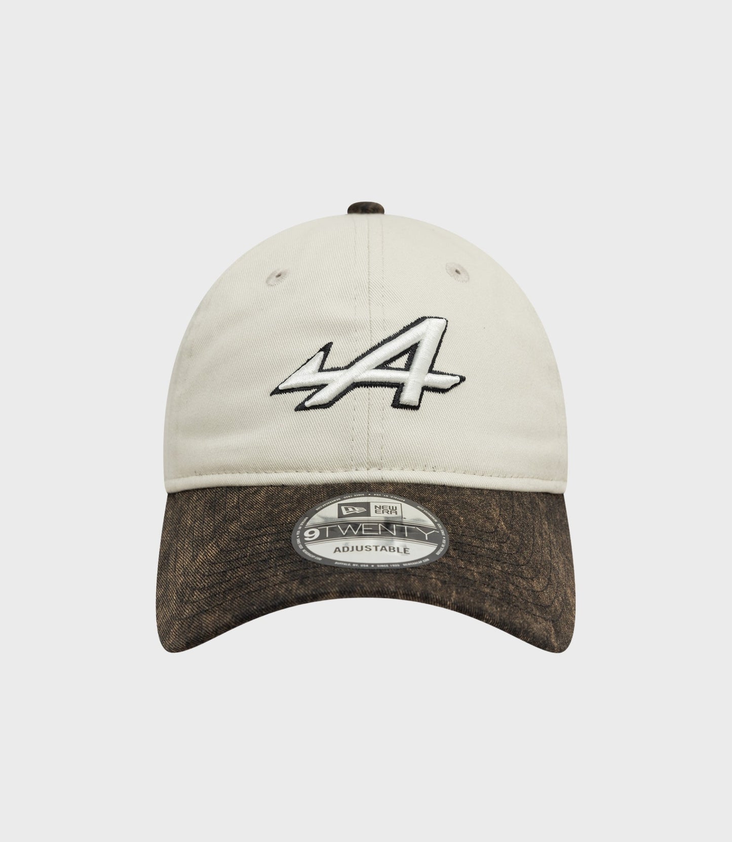 White Alpine Acid Wash 9Twenty cap with LA embroidery on the crown and brown denim brim with edge sticker.