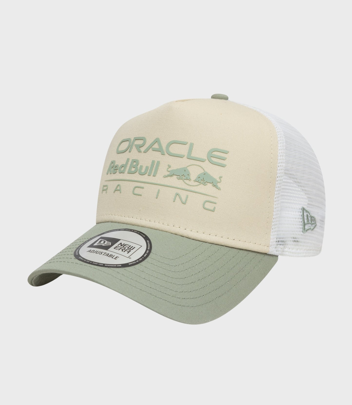 Beige cap front panel with mint green Oracle Red Bull Racing lettering on the crown