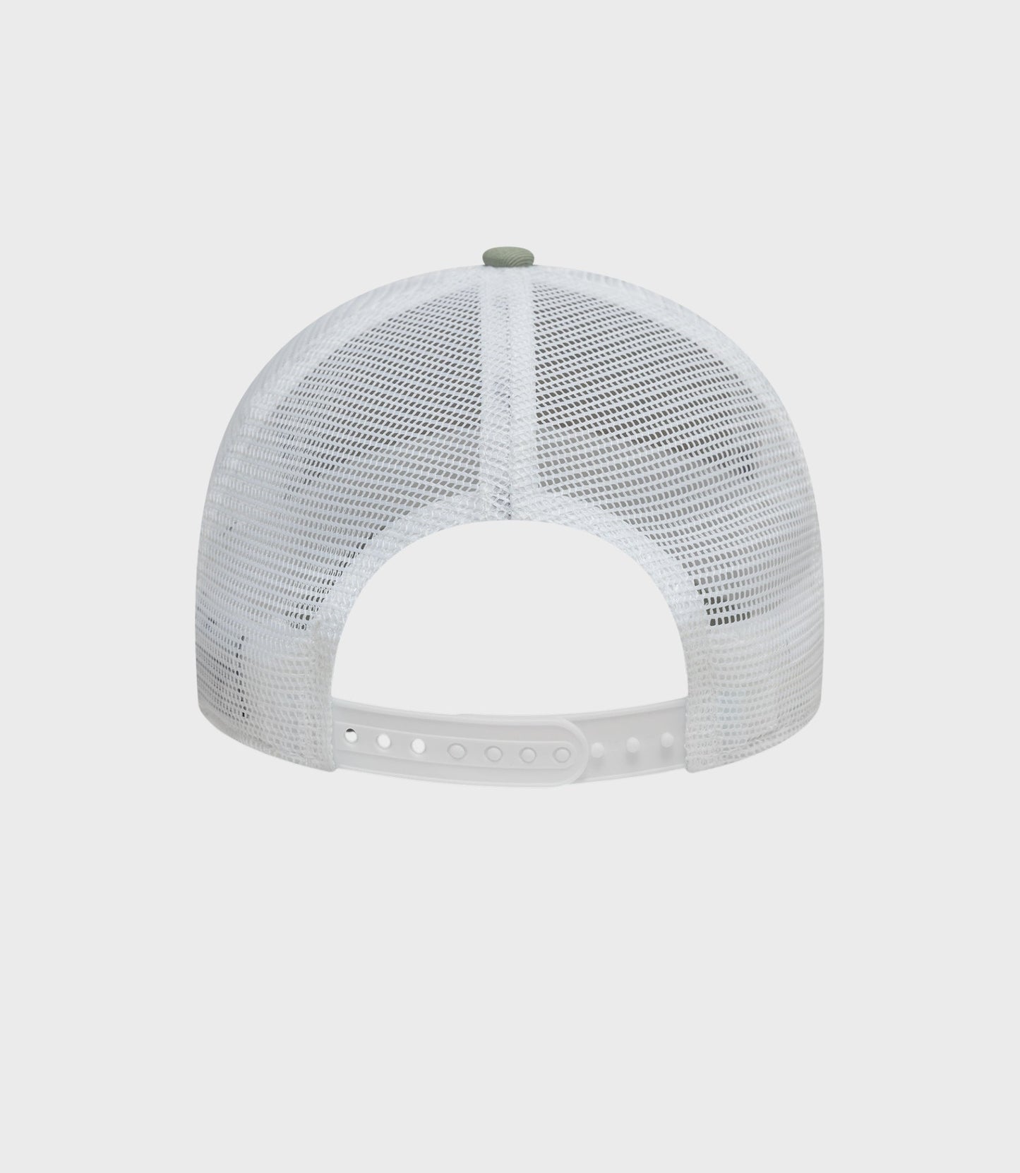 Rear view of beige and white mesh trucker cap with a white adjustable strap