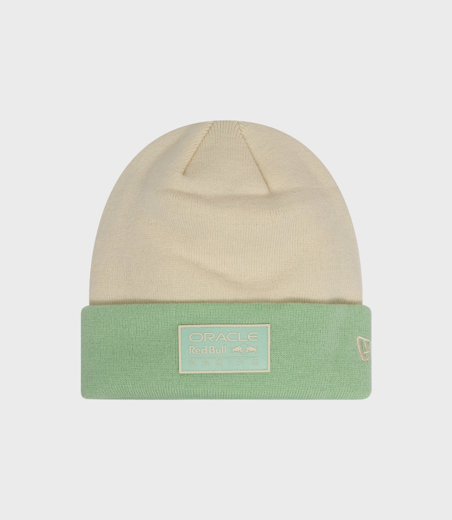 Beige cuff beanie with mint green cuff and Oracle Red Bull Racing patch logo